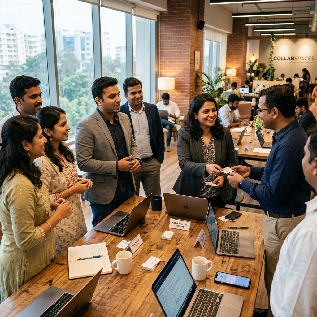 Indian service providers exchanging visiting cards and discussing their businesses at a professional networking Meetup.